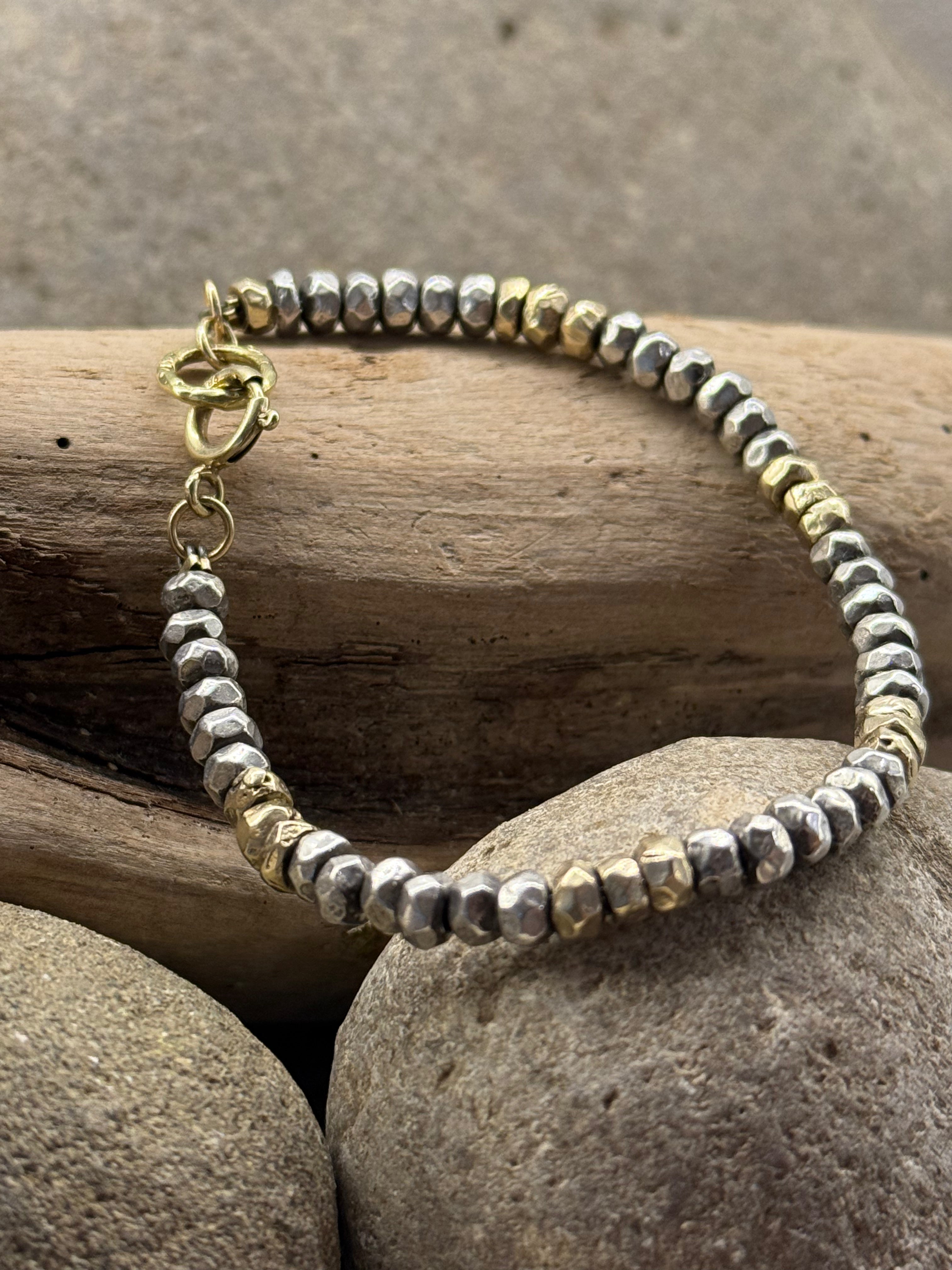 Sterling silver 18k &14k gold rock bead bracelet