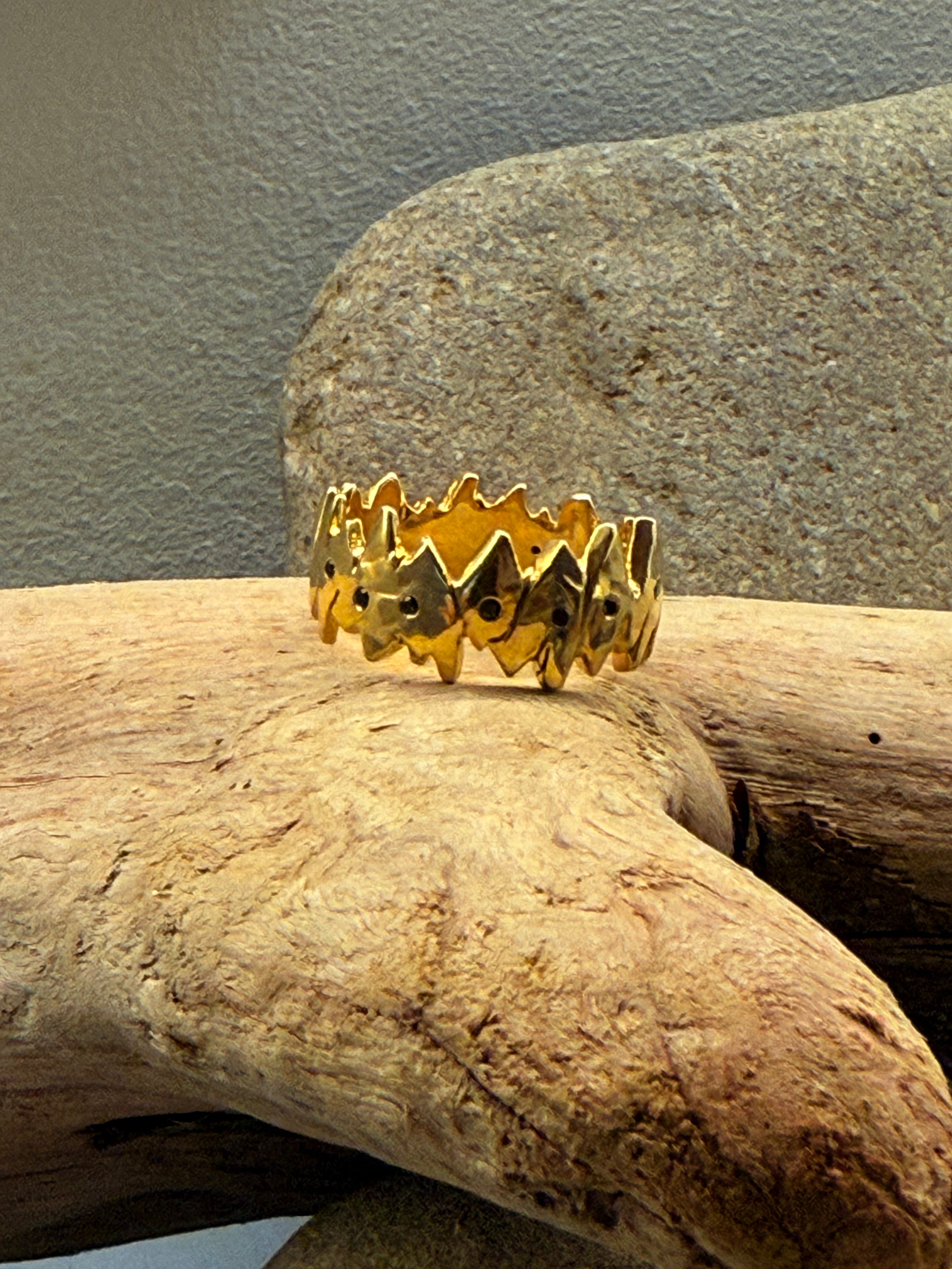 Yellow gold plated sterling silver, black diamond, rock n roll ring, size XL