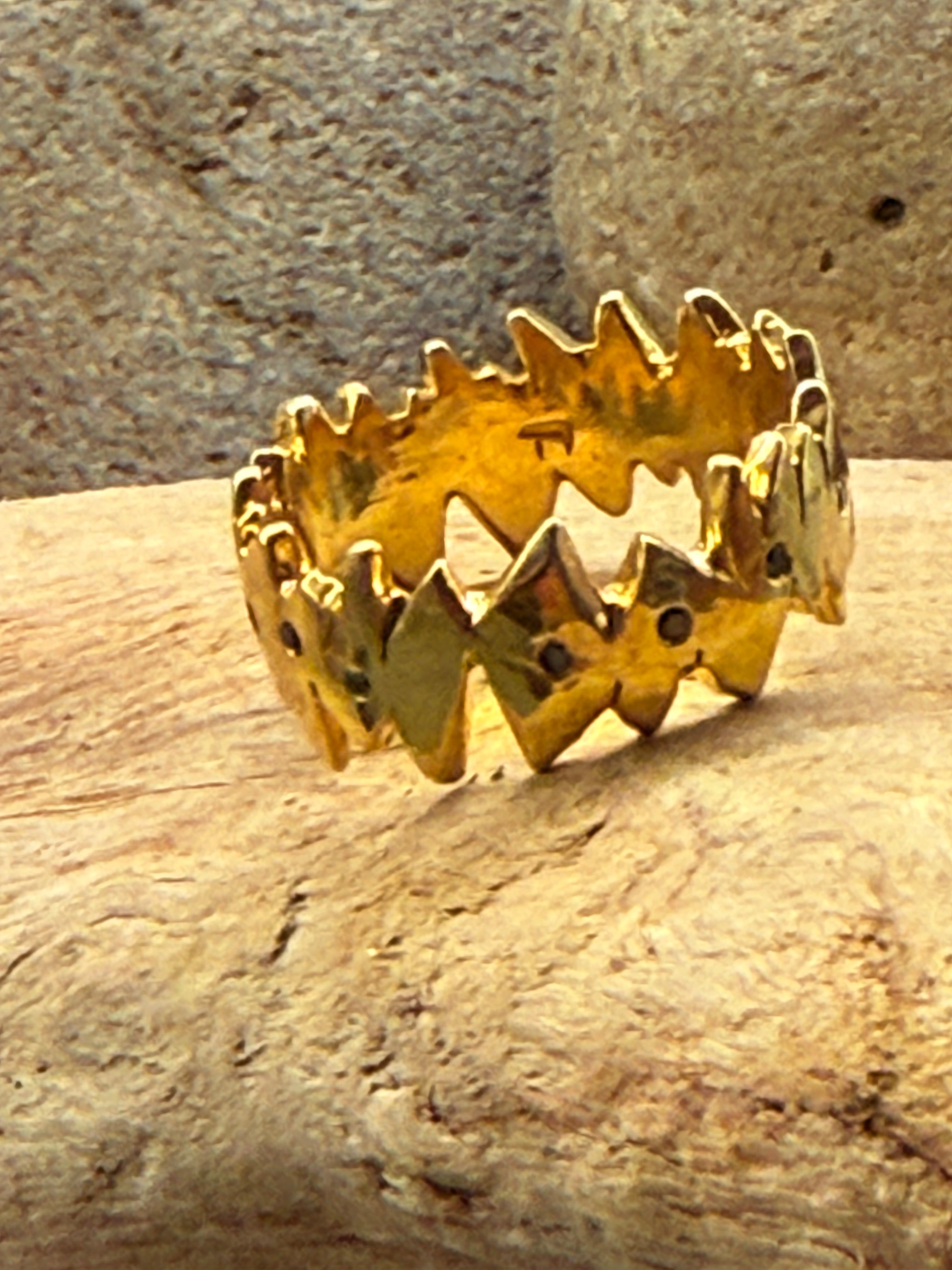 Yellow gold plated sterling silver, black diamond, rock n roll ring, size XL