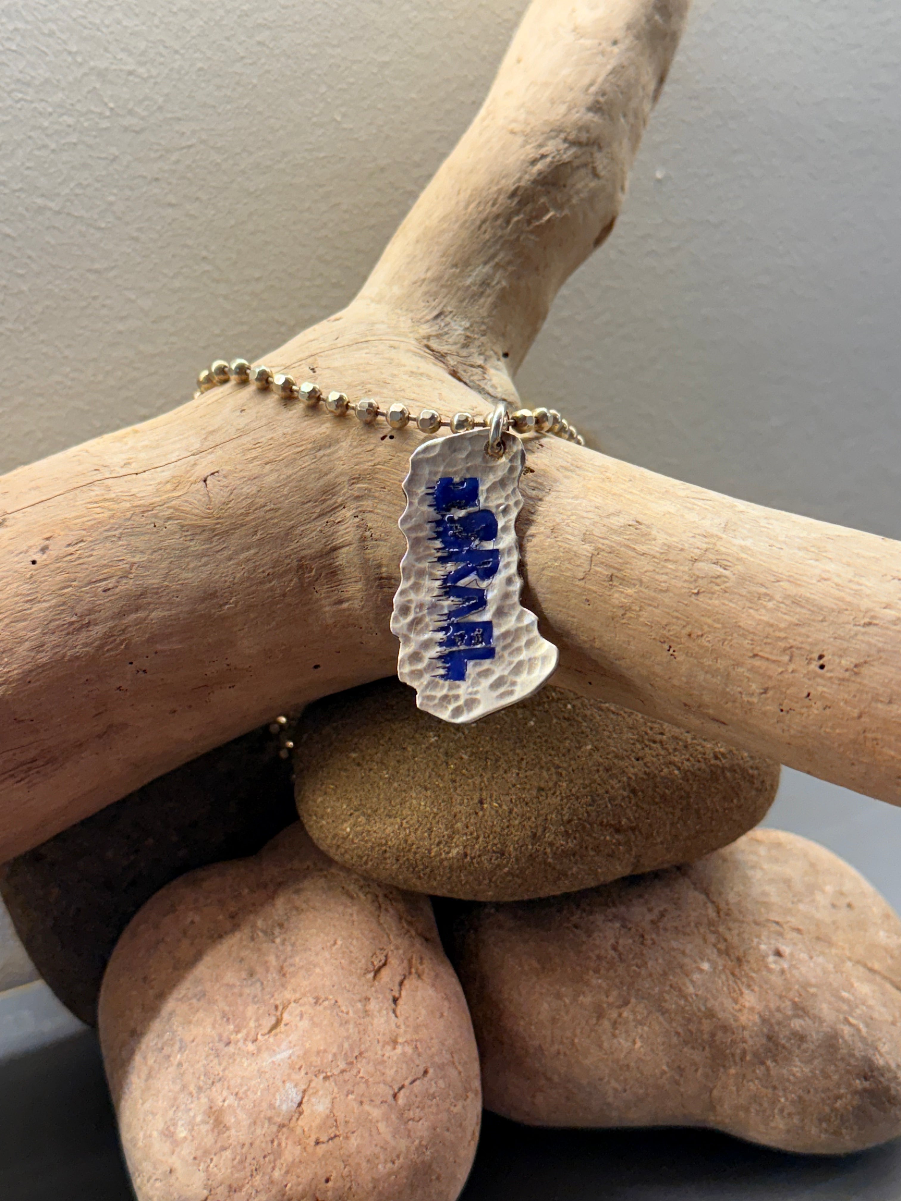 Israel street art tag, sterling silver&enamel, w/ 44cm sterling rock chain