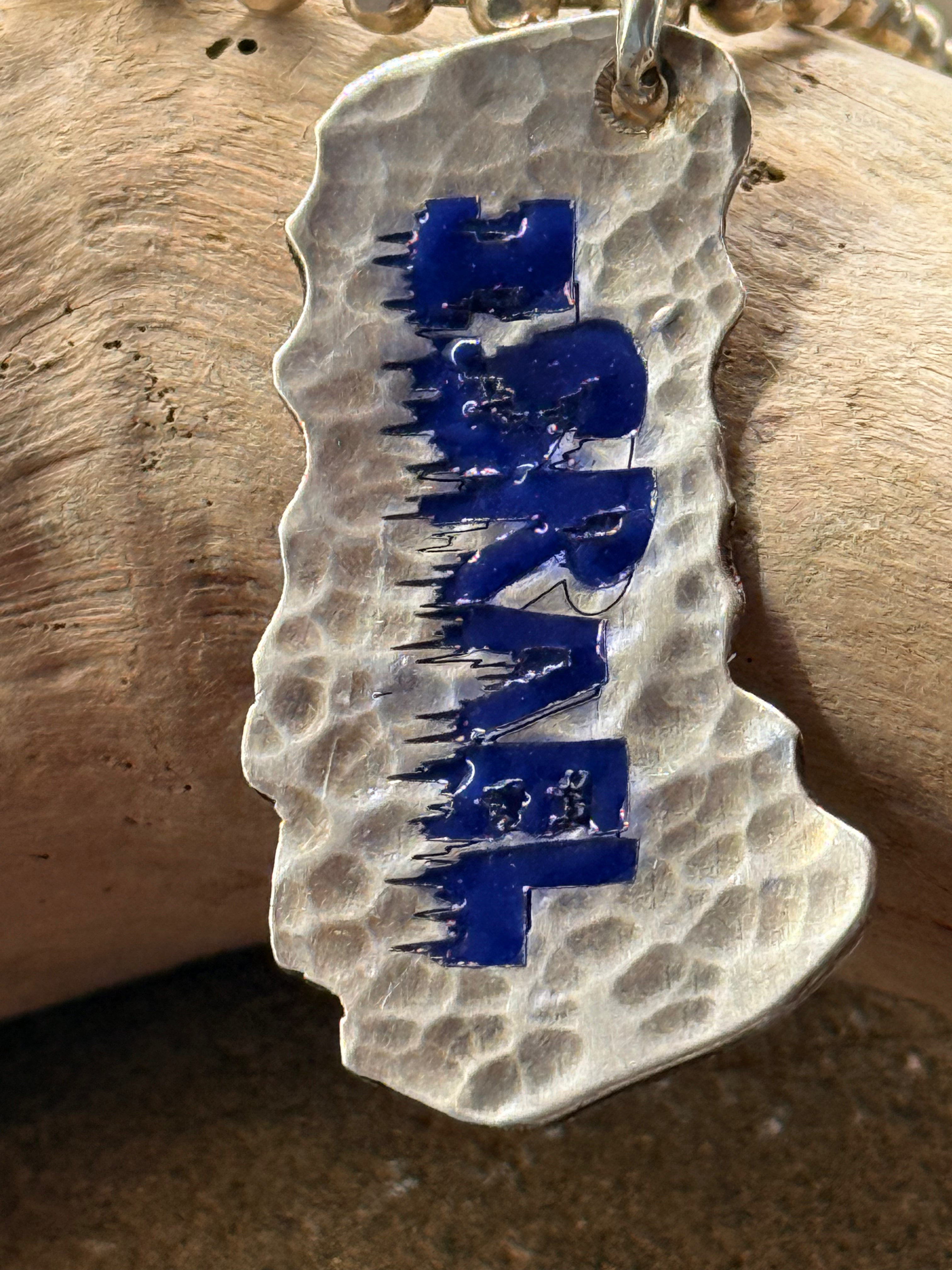 Israel street art tag, sterling silver&enamel, w/ 44cm sterling rock chain