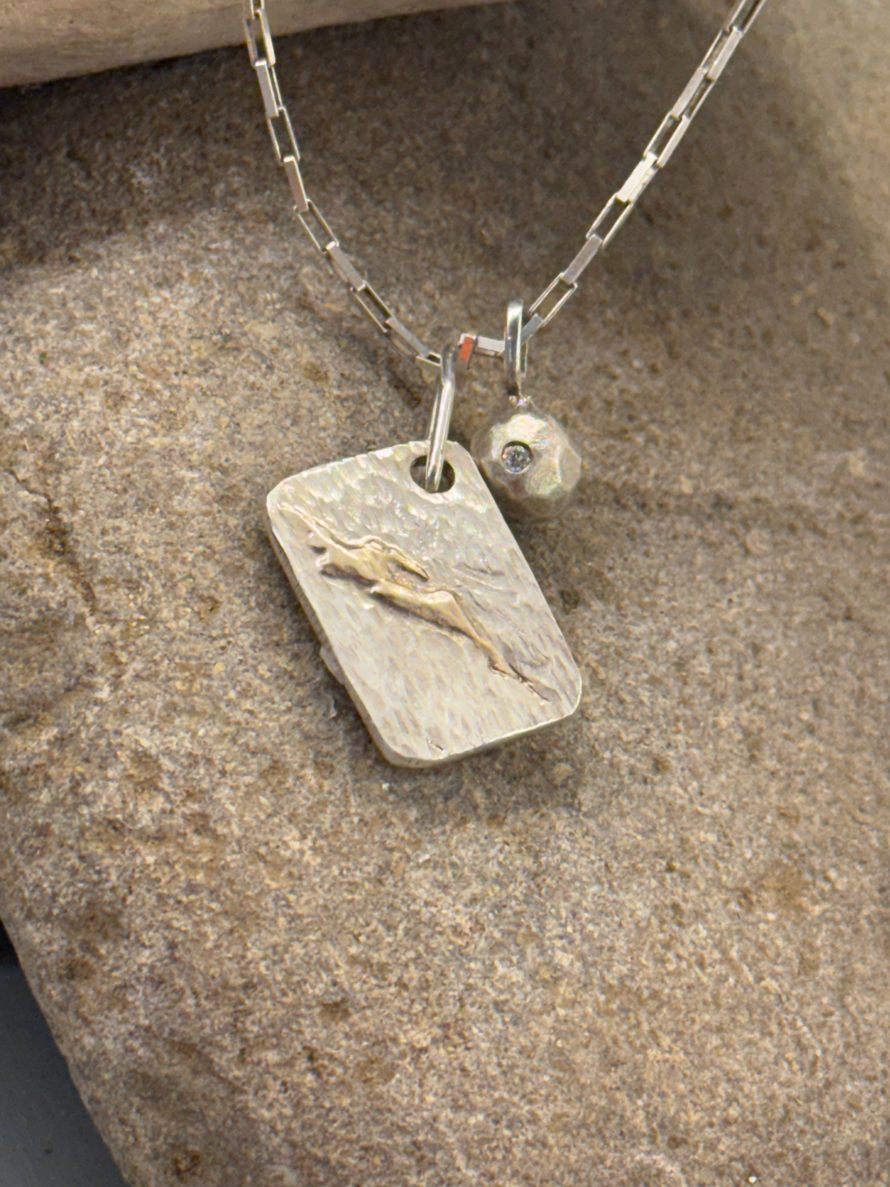 Fire & Ice duo, 14k gold & sterling tag, sterling & diamond ball, 40cm chain