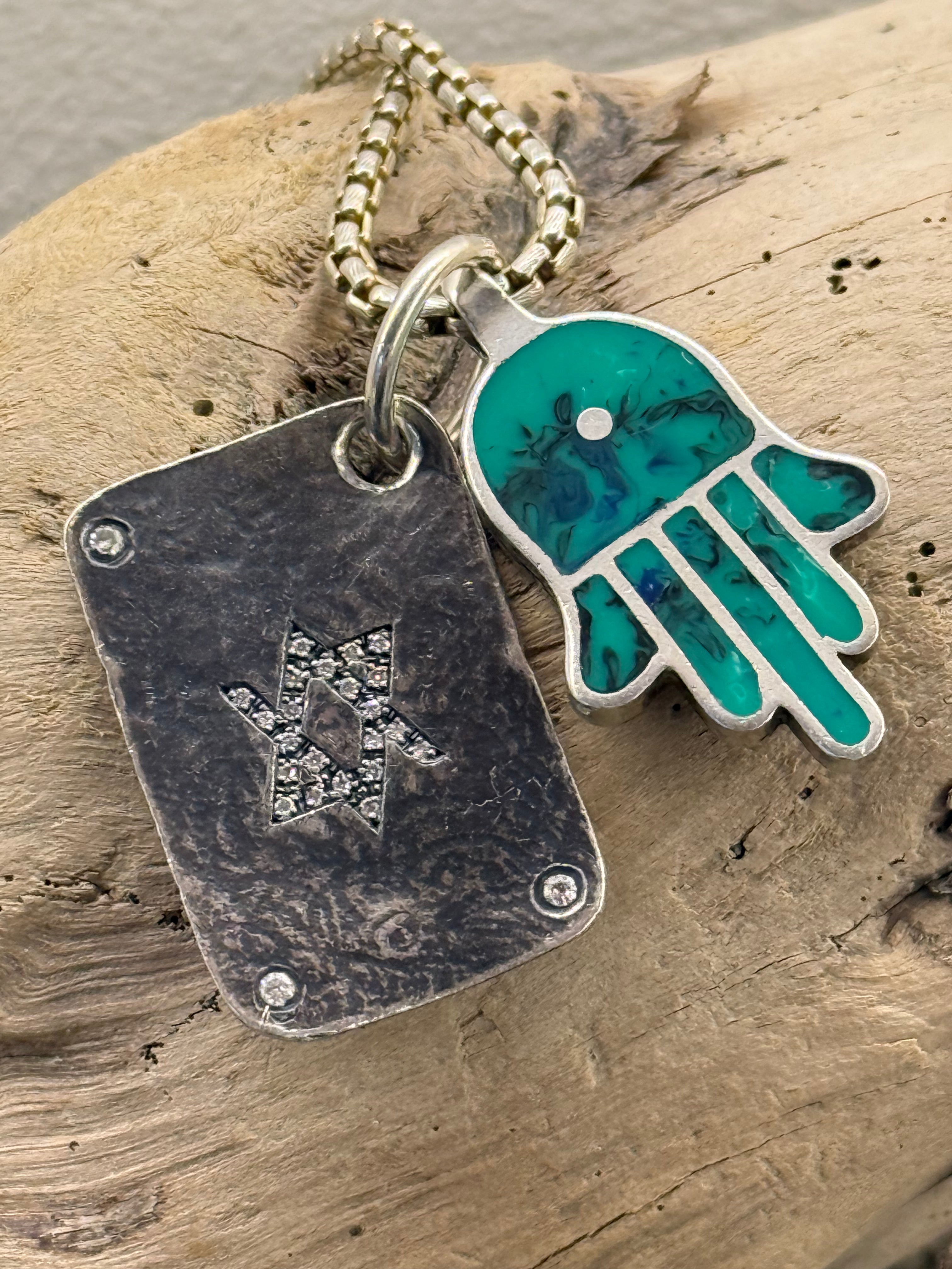 Sterling silver & diamond Magen David, on 52cm chain - vintage Sterling silver malokite hamsa