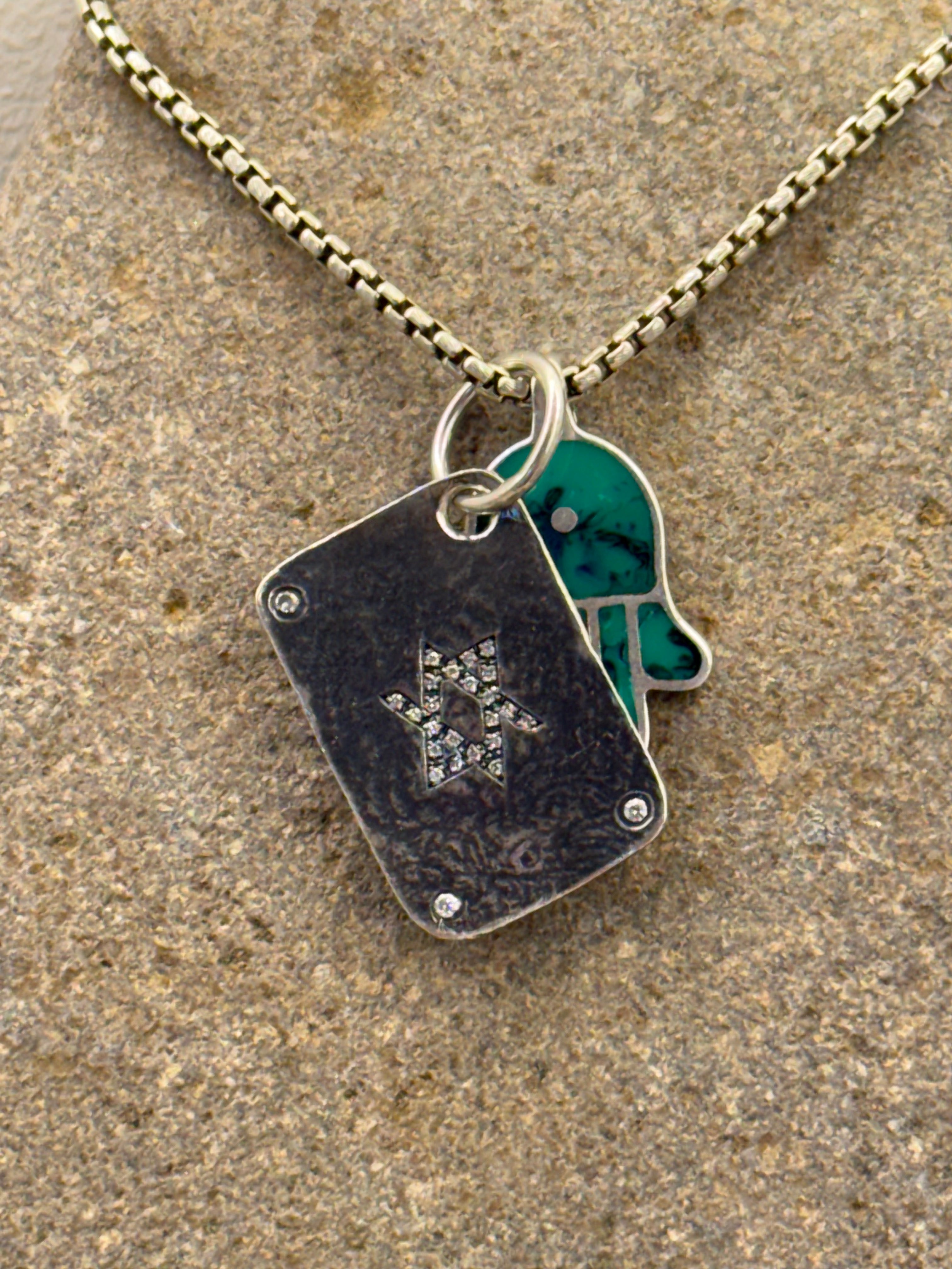 Sterling silver & diamond Magen David, on 52cm chain - vintage Sterling silver malokite hamsa