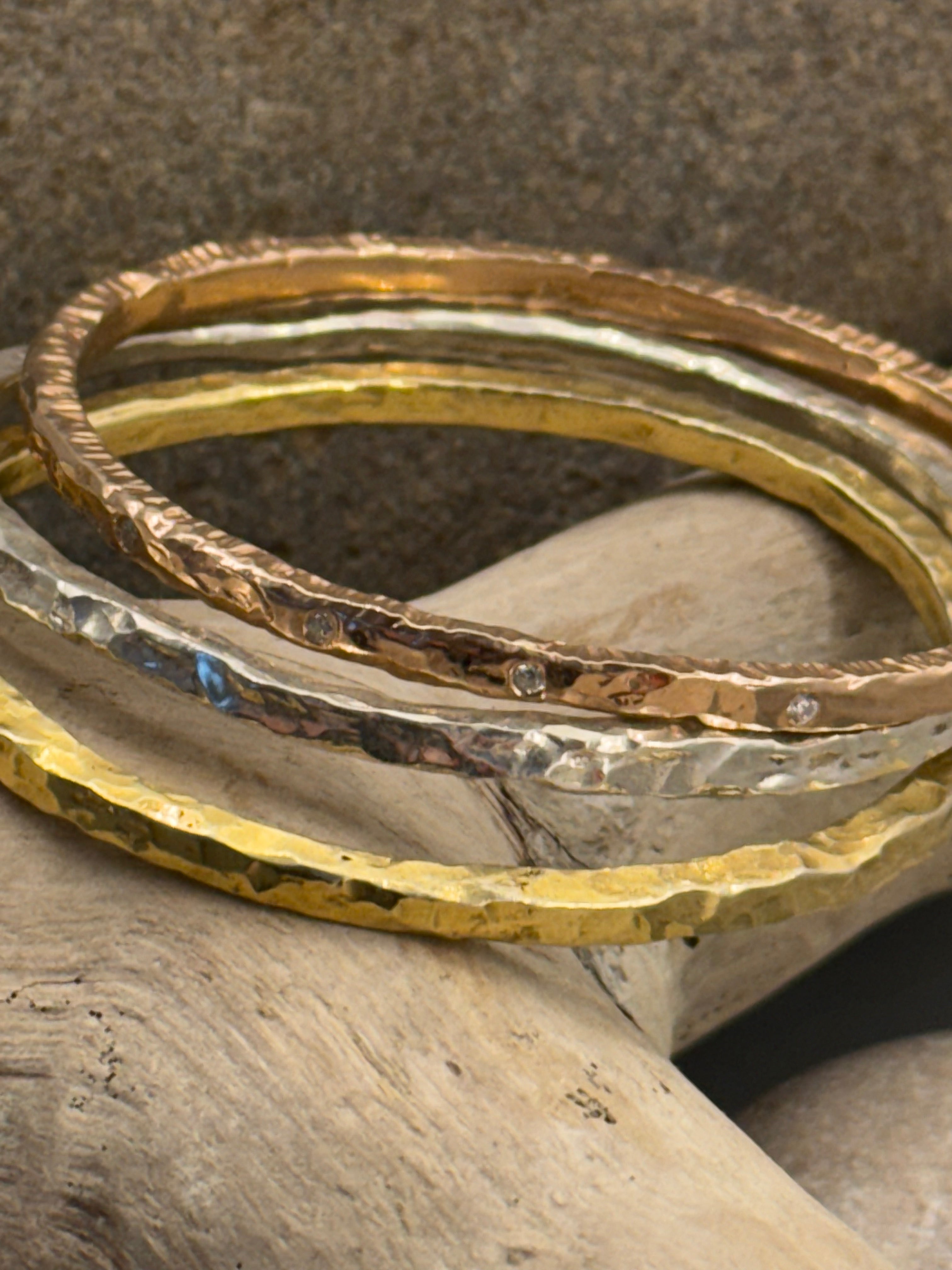 Triple Stack 18k gold yellow plated cuff bengals, Size S, Rose gold w diamonds