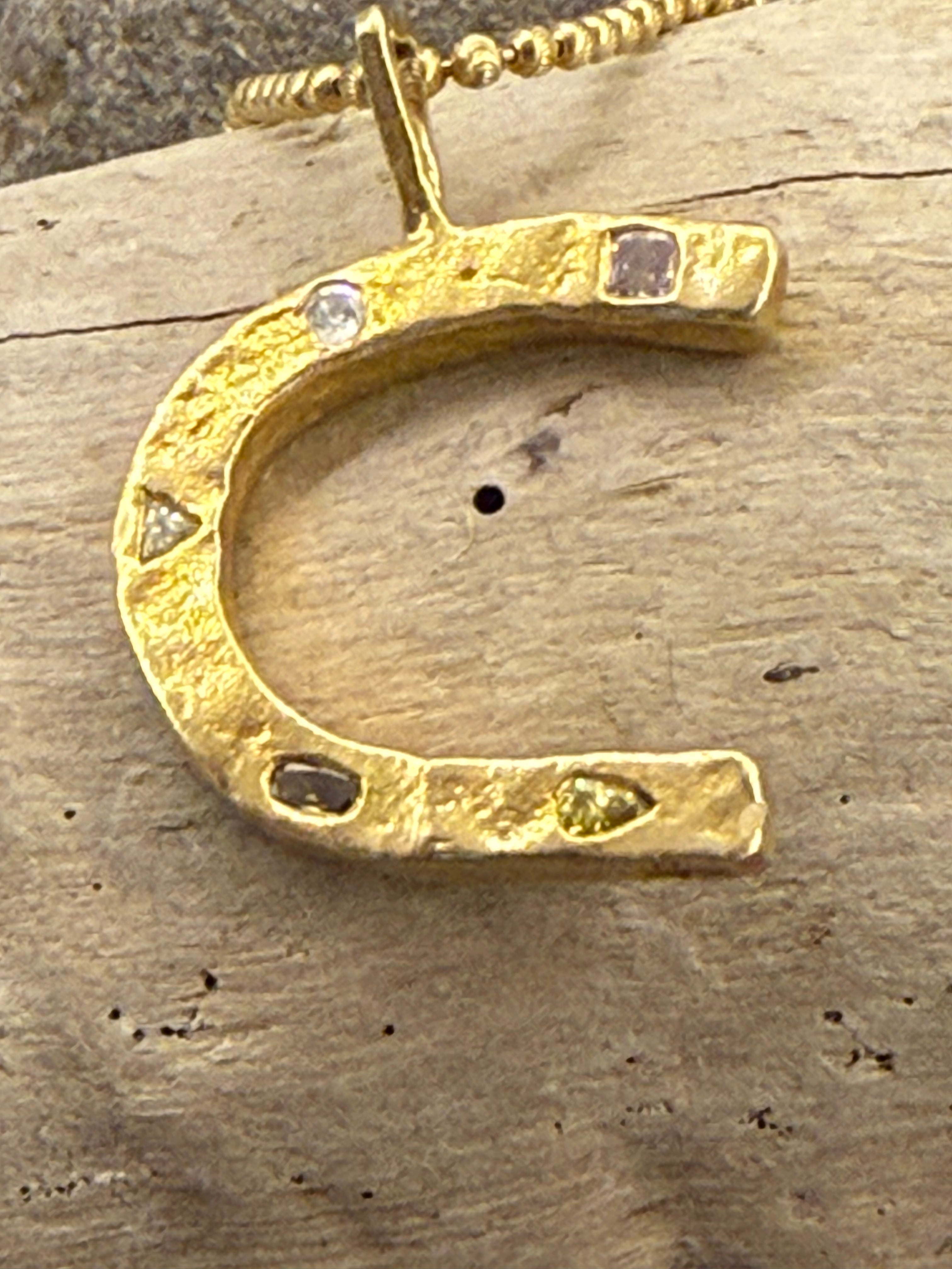 Ru vain original, letter C pendant, w/ natural pink white brown & yellow diamonds