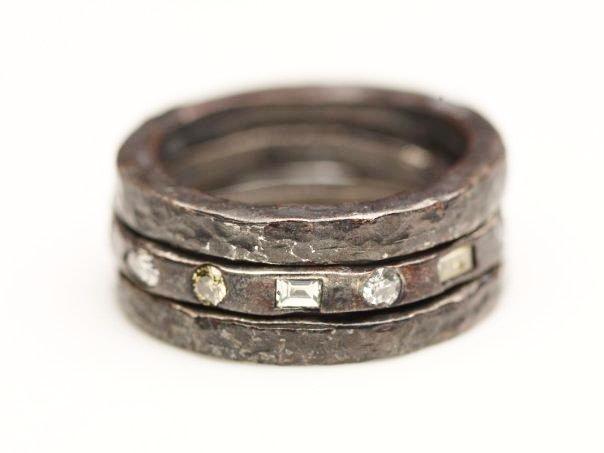 Oxidized Sterling Silver Diamond Ring Stack