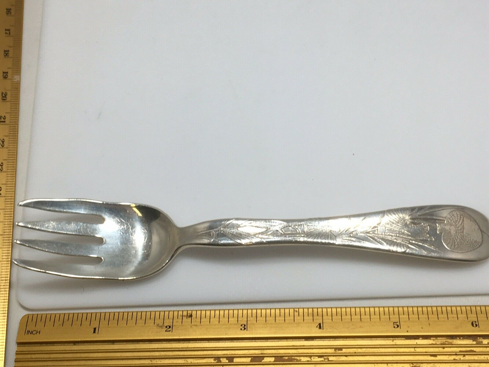 Rare Tiffany LAP OVER EDGE Etched Sterling Silver Pastry Fish 4 Tine Fork.