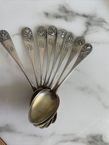 8 Early Durgin c1886 Aesthetic Sterling Spoons J E Caldwell Bugs birds insects