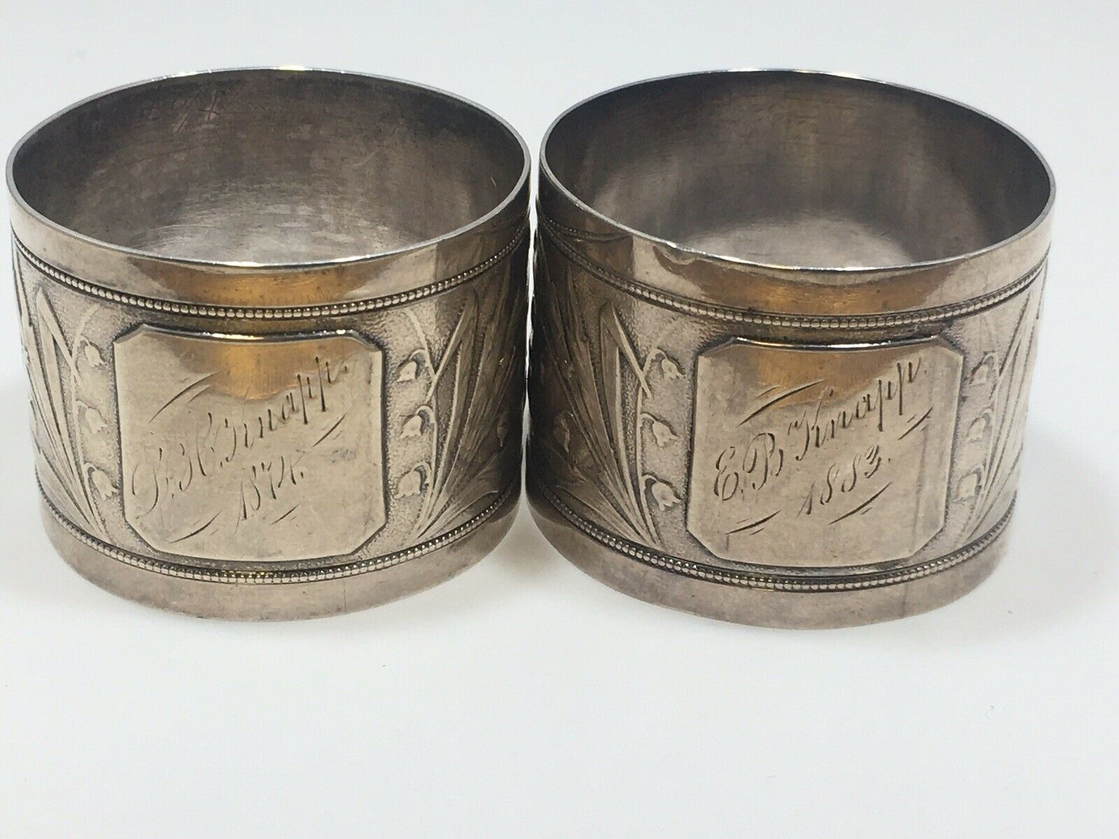 Pair Of Aesthetic Large Engraved Floral Napkin Ring  Wood Hughes Sterling 1883