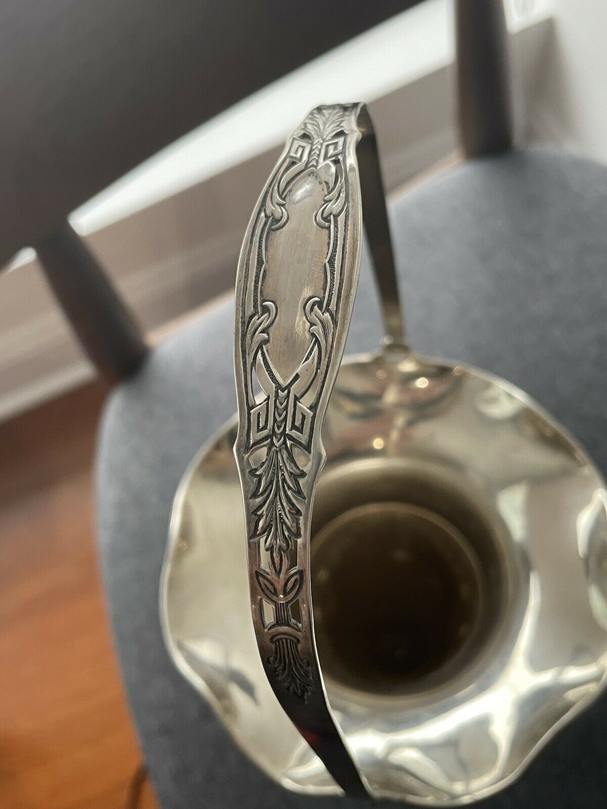 Schmitz Antique Sterling Silver Engraved Floral Handled 15" tall vase c1920 15oz