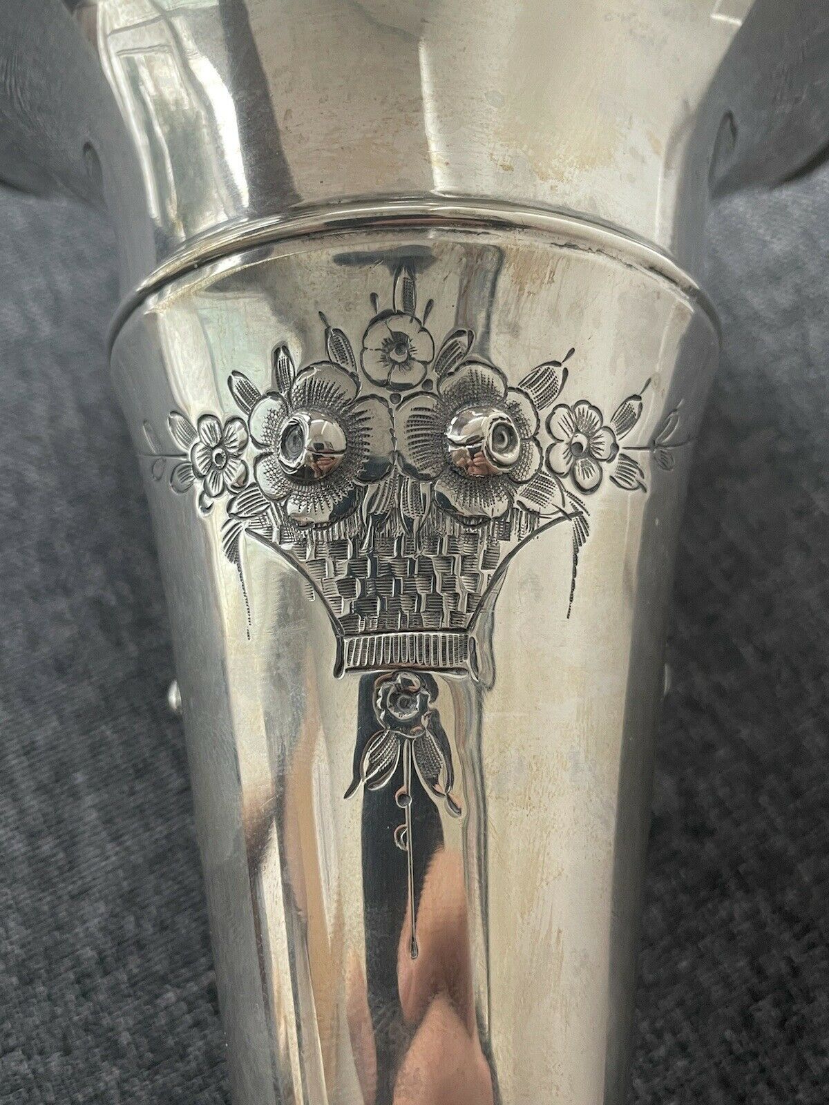 Schmitz Antique Sterling Silver Engraved Floral Handled 15" tall vase c1920 15oz