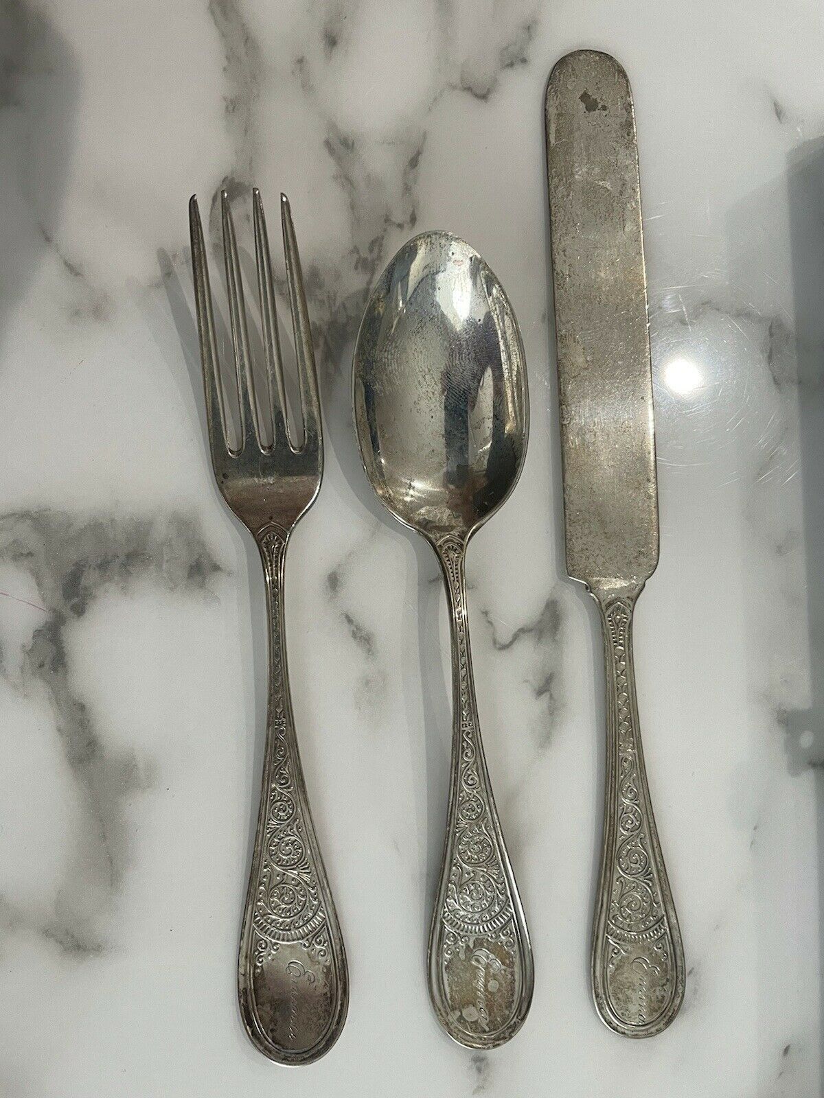 Knowles Boxed Coronet Sterling Silver 3pc youth child set fork spoon c1879 Emma