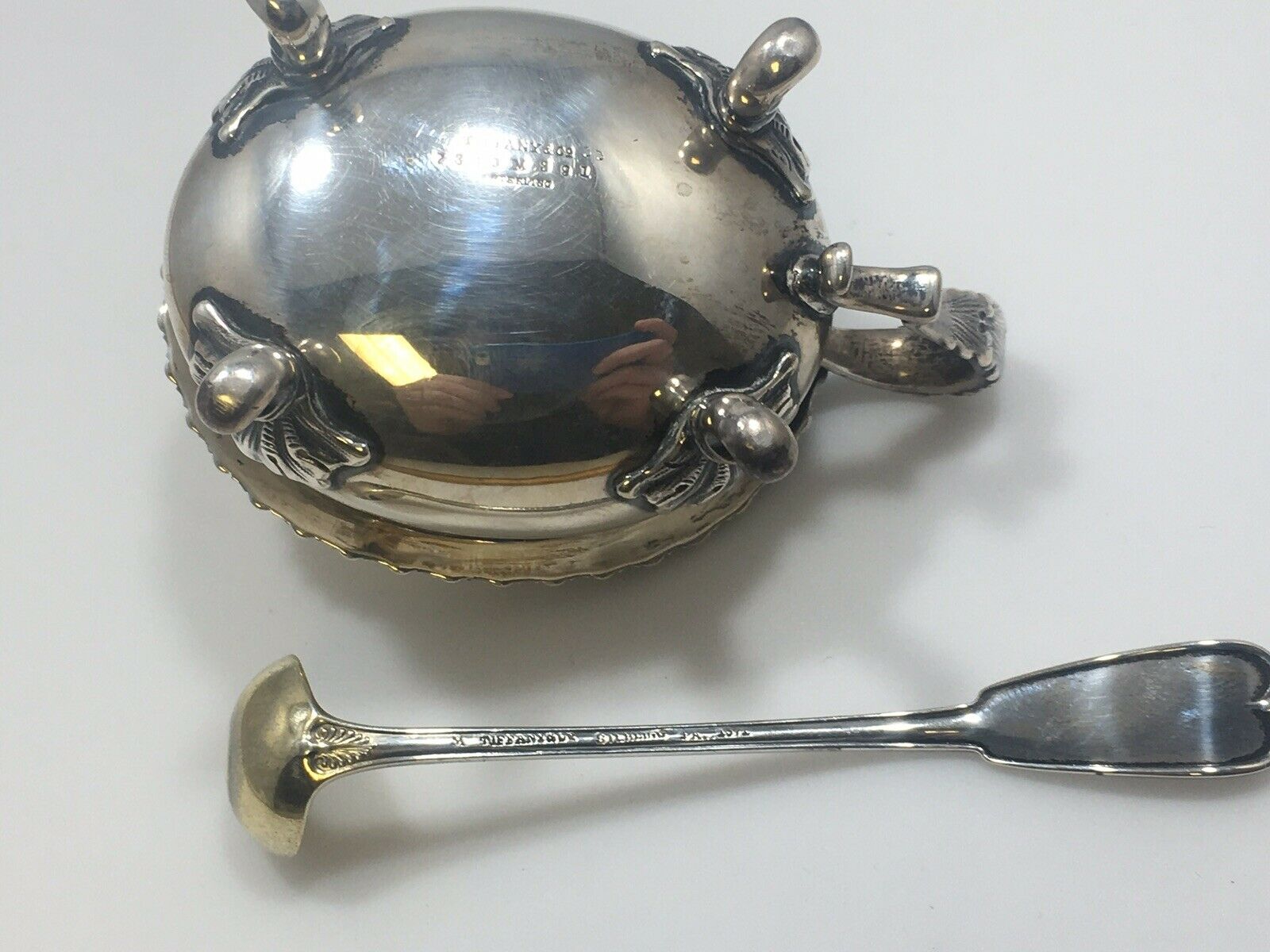 Antique Sterling Silver Tiffany &Co Gadroon Mustard Pot w Palm Pattern Ladle