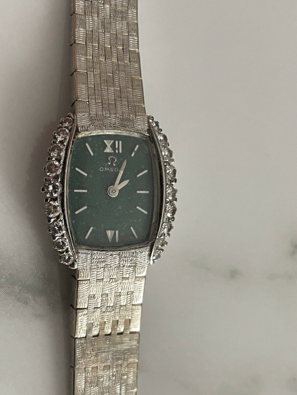 Rare GREEN Face Vintage Omega Solid 18k Gold And Diamond Watch 37.5gr Working!!!