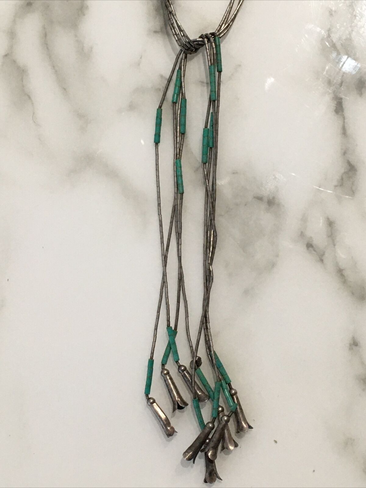 Vintage Navajo Sterling Silver and Turquoise Fringe tassel necklace RARE Design