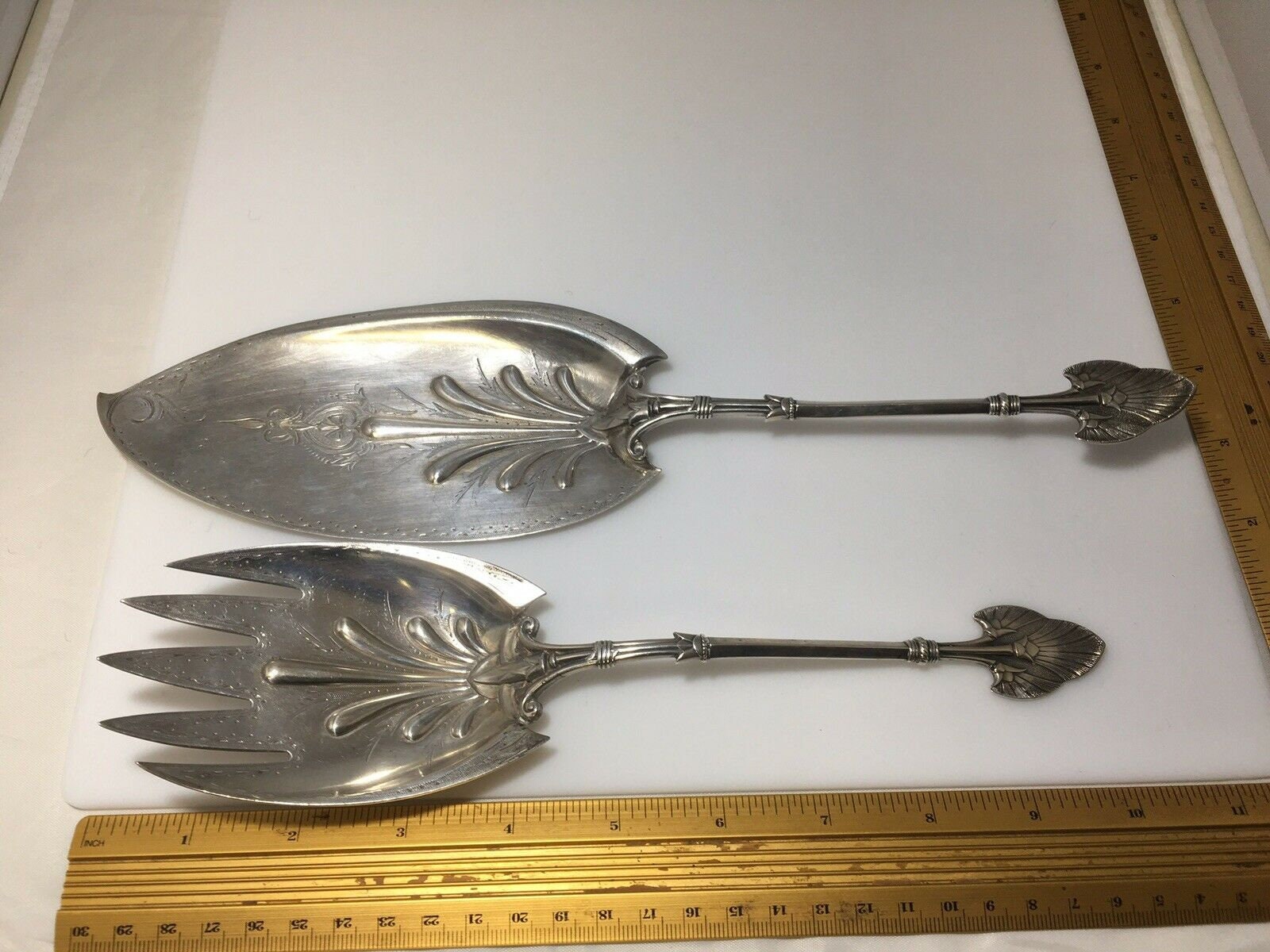 Antique Gorham Sterling Silver LOTUS Pattern Large Fish Serving Fork And Knife