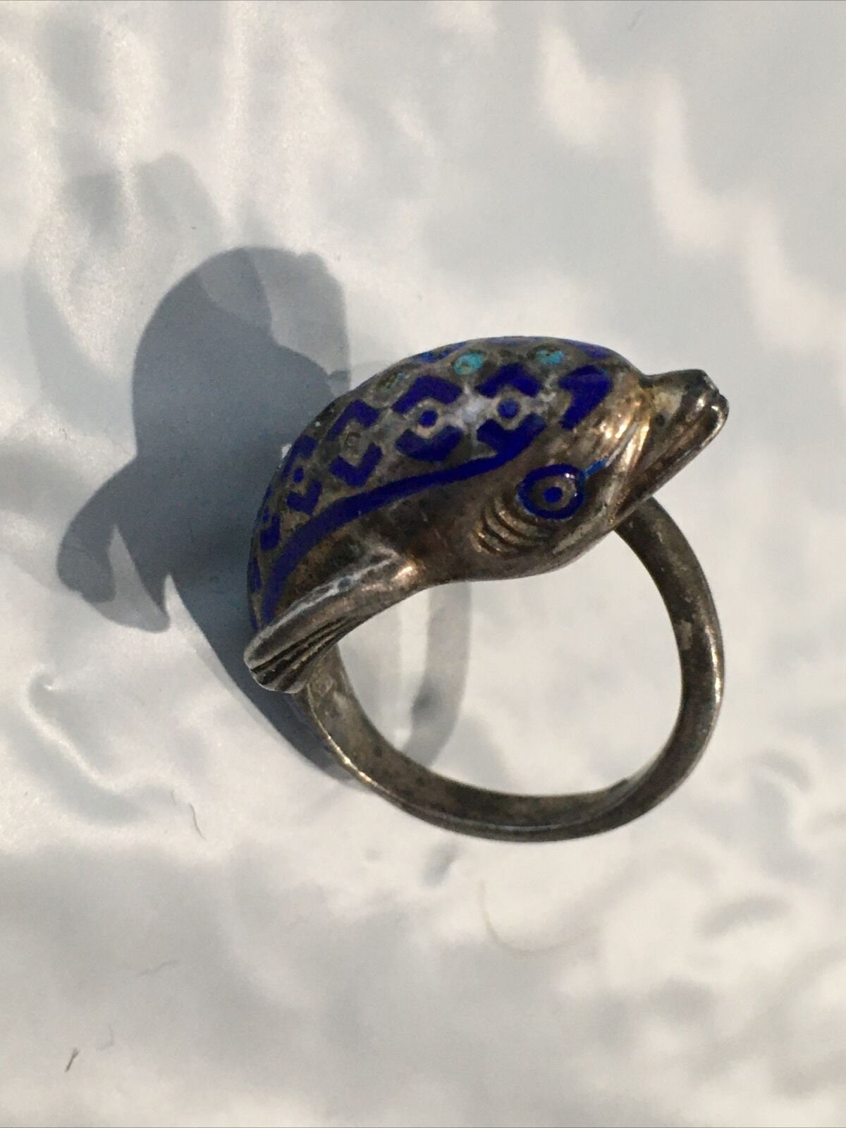 Vintage Sterling Silver and enamel Figural Dolphin Fish Ring.  Superb Work