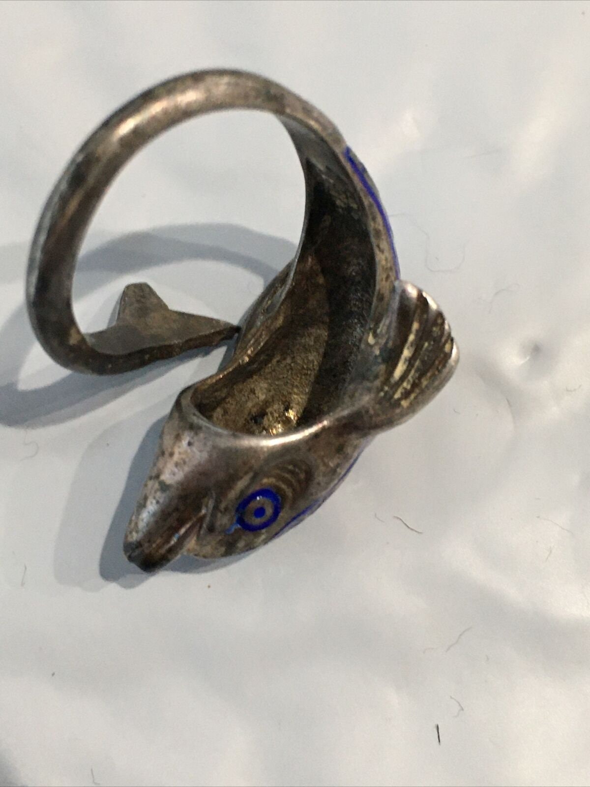 Vintage Sterling Silver and enamel Figural Dolphin Fish Ring.  Superb Work
