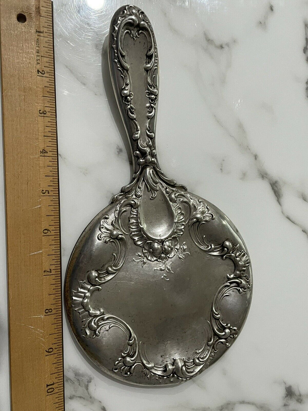 Antique Art Nouveau Sterling Silver International Vanity Hand Mirror C1910