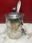 Antique Chinese Export sterling Silver Covered honey jam jar w spoon 260 signed