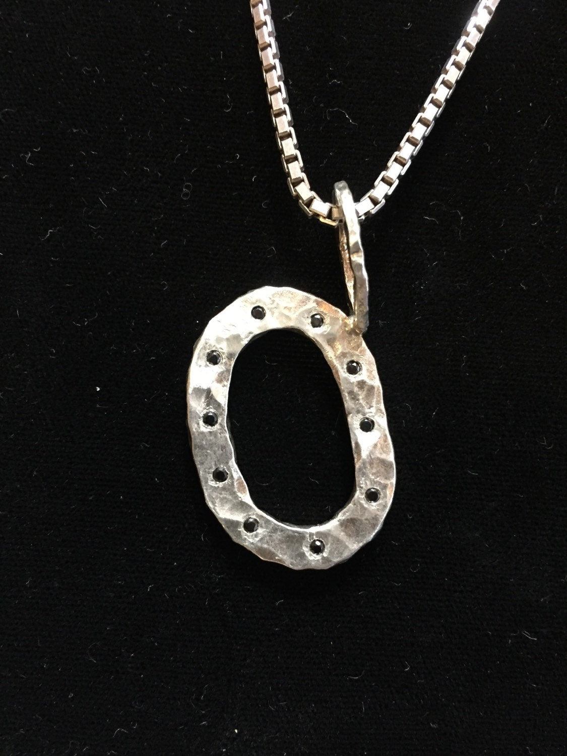 Hand made, and Hand hammered sterling silver and Black diamond Letter o ( Oval Pendant)