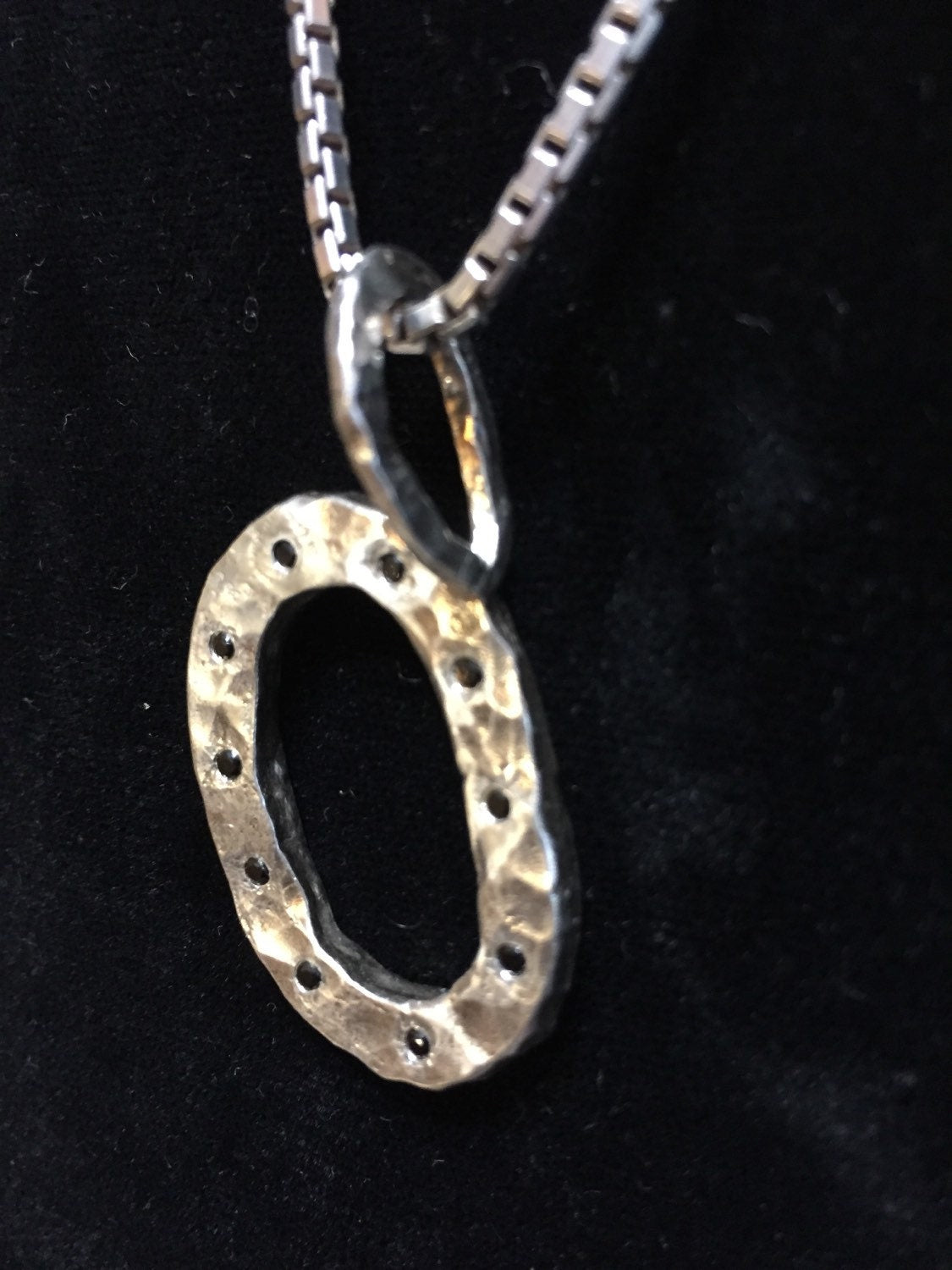 Hand made, and Hand hammered sterling silver and Black diamond Letter o ( Oval Pendant)