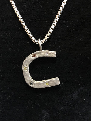 Hand made Hand hammered Sterling Silver and natural colored diamond initial pendant letter C