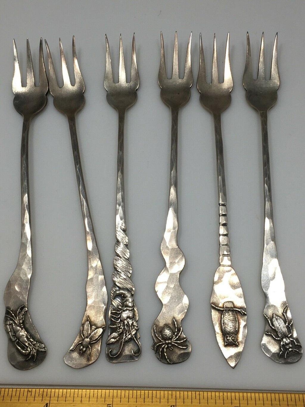 6 Shiebler Hammered Sterling Silver Aesthetic Medallion Rare Forks Applied Bugs