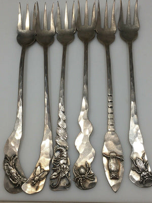 6 Shiebler Hammered Sterling Silver Aesthetic Medallion Rare Forks Applied Bugs