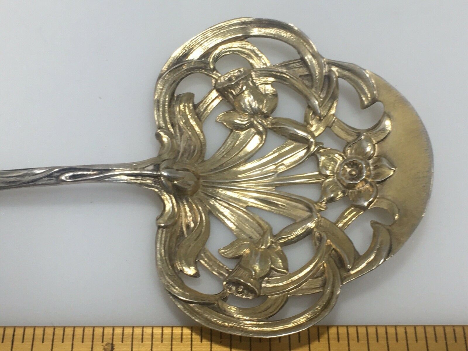 Antique Art Nouveau Gorham H44 Martele Nut or bon bon open lattice work spoon