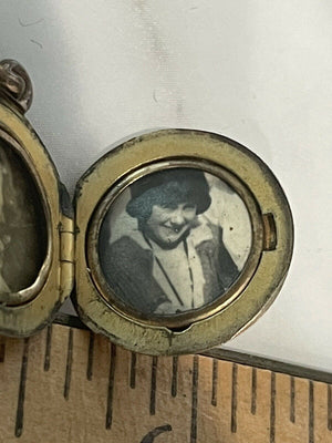 Antique 9k Gold Engraved Circle Locket Pendant with photos mono K c 1920