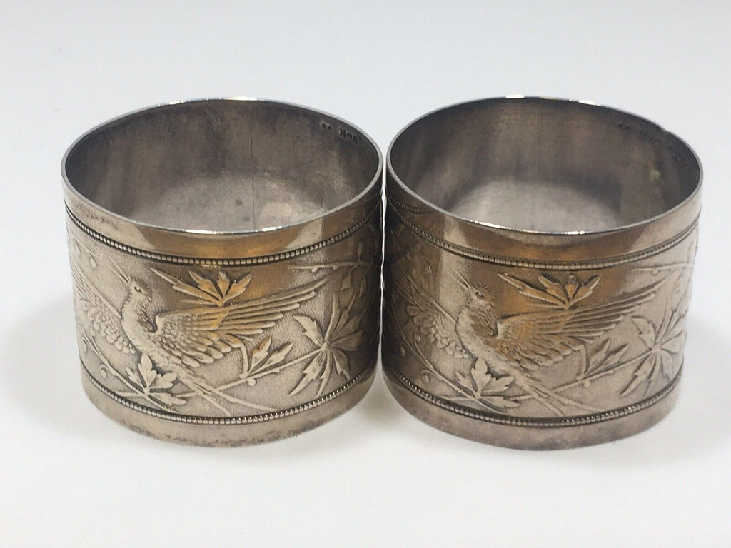 Pair  Aesthetic Japanese Engraved Floral Napkin Rings Wood Hughes Sterling 1883