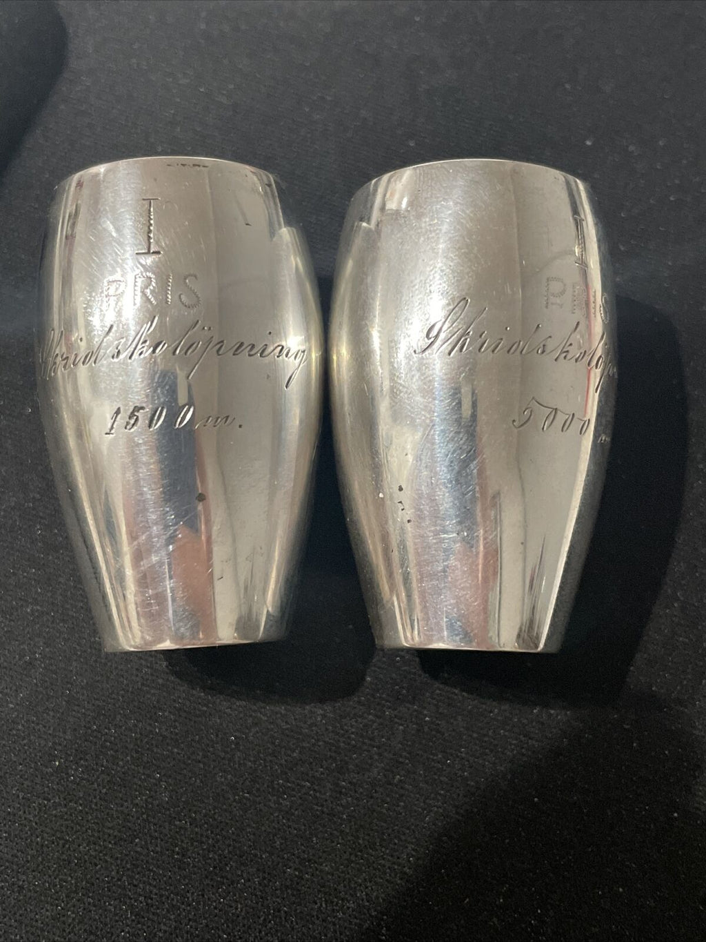 Pair of antique Swedish Sweden Trophy  sterling silver shot cups c 1873 1874