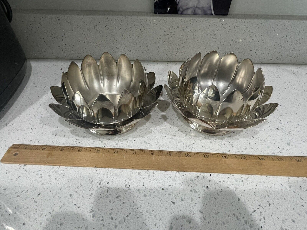Pair of Vintage Reed & Barton 3002 Silver Plated Lotus Flower Candy Bowls w tray