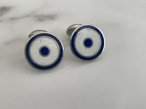 Vintage sterling silver and enamel Blue and white Bullseye cufflinks