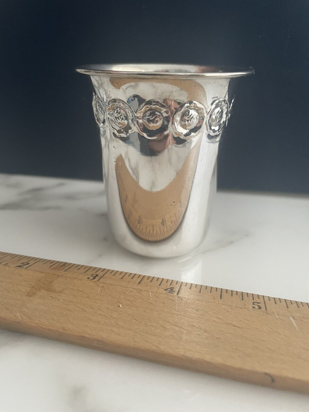 Sterling Silver Kiddush cup Becher Beaker Goblet  w Flowers. Made in Israel