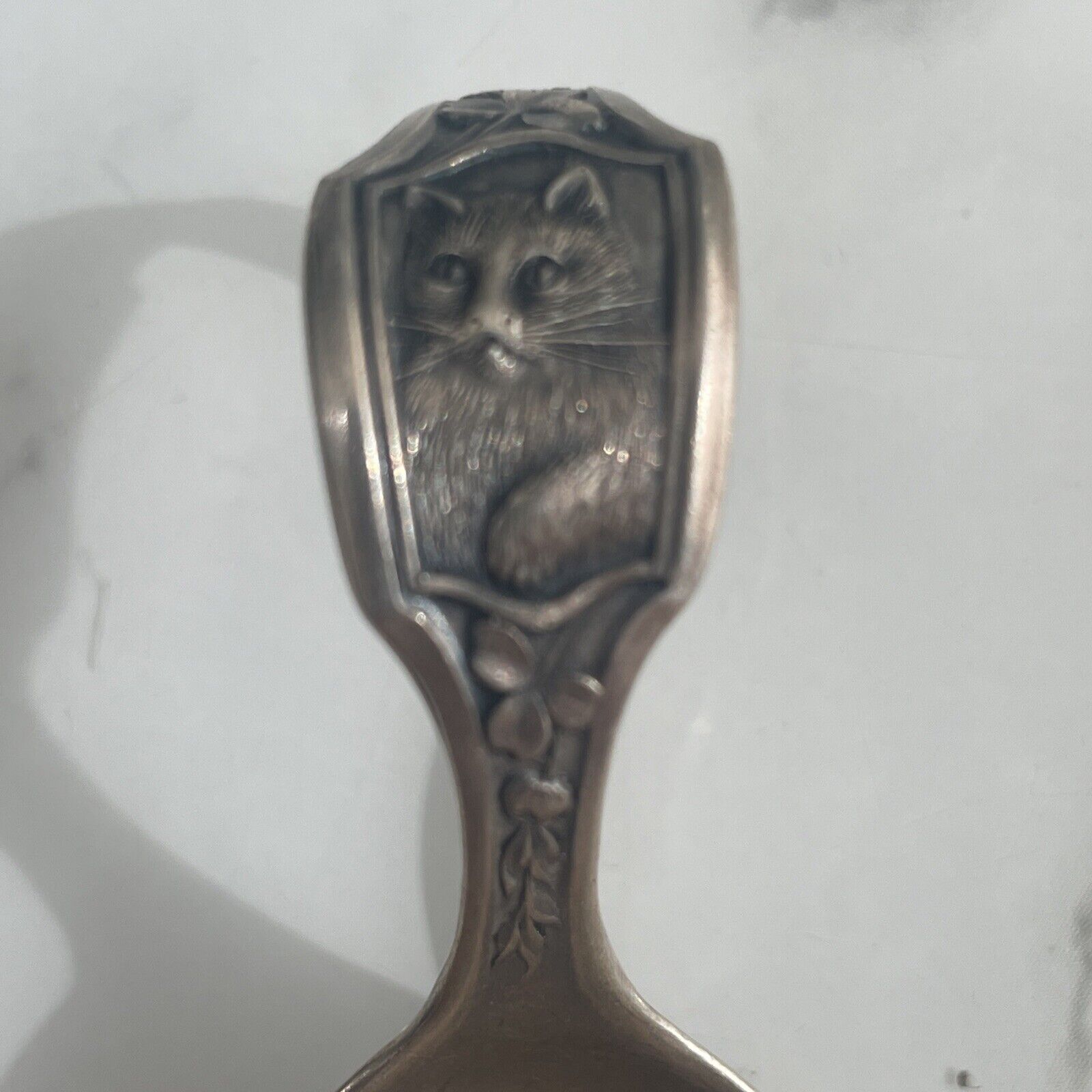 Antique Watrous Sterling Silver Kitty Cat Curved  Bent Handle Baby Child's Spoon