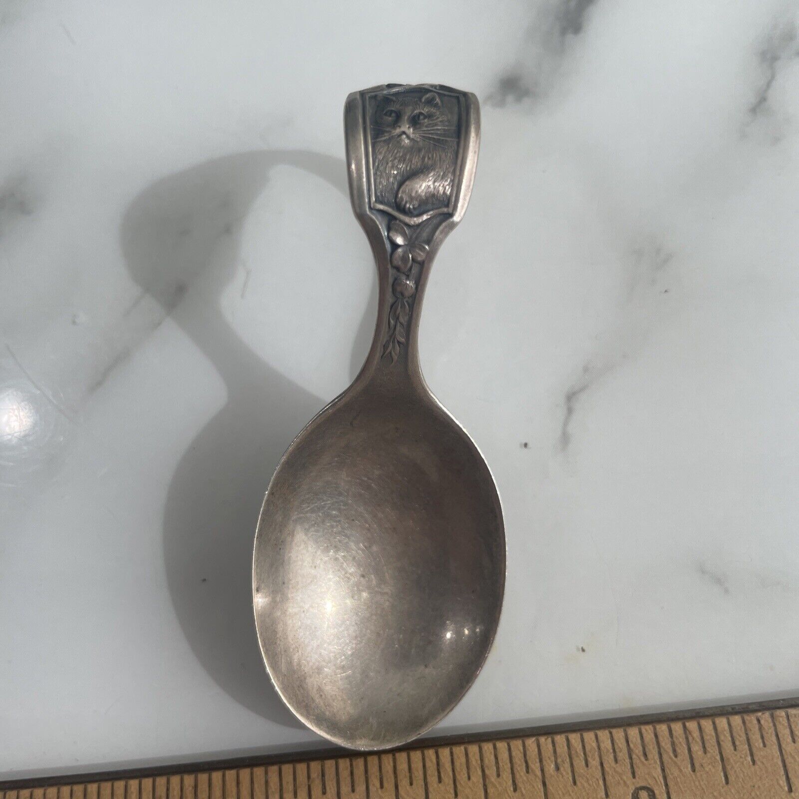 Antique Watrous Sterling Silver Kitty Cat Curved  Bent Handle Baby Child's Spoon