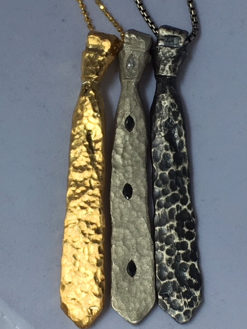 Sterling Silver Sandblasted Necktie Pendant with Diamonds