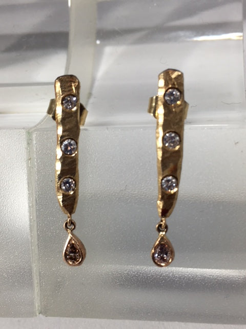 Gold Drop Earrings with White and Pink Diamonds